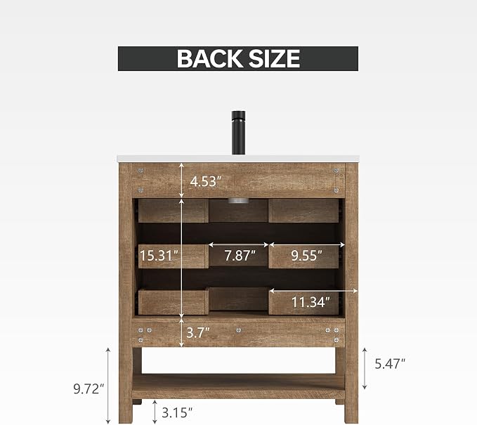 30 Inch Bathroom Vanity with Sink, Rustic Brown | Farmhouse Vanity Cabinet with durable SMC Resin Countertop, three soft-close full-extension drawers, and easy assembly