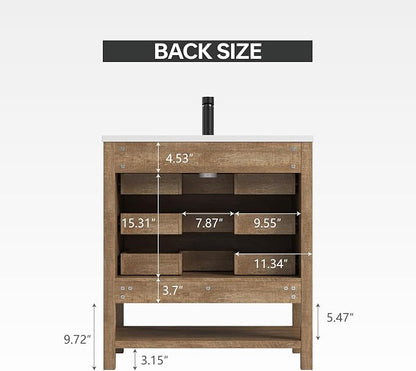 30 Inch Bathroom Vanity with Sink, Rustic Brown | Farmhouse Vanity Cabinet with durable SMC Resin Countertop, three soft-close full-extension drawers, and easy assembly
