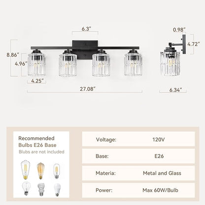 TALOYA Black 4-Light Bathroom Vanity Light with Fluted Cylinder Glass Shade | Modern Vanity Lighting Fixtures, Bathroom Lights Over Mirror, Wall Mount Mirror Light Fixtures for Bathroom Hallway Bedroom