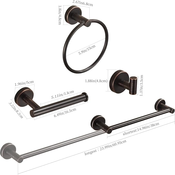 Bronze Bathroom Accessories, Oil Rubbed Bronze Bathroom Hardware Includes Toilet Paper Holder 15 to 24 Inch Towel Bar Towel Ring Robe Hook Wall Mount Hand Towel Holder Set 4 Pieces