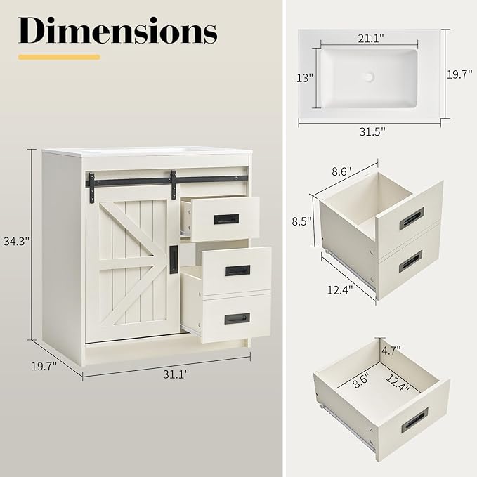 31" Farmhouse Sliding Barn Door Bathroom Vanity with Sink Combo, Bathroom Vanity Cabinet with Drawers & Metal Handles, Freestanding, Distressed White