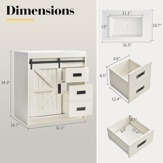 31" Farmhouse Sliding Barn Door Bathroom Vanity with Sink Combo, Bathroom Vanity Cabinet with Drawers & Metal Handles, Freestanding, Distressed White