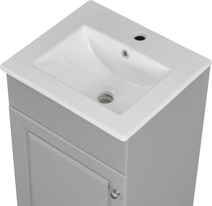 Christopher Knight Home Doreen 18" Bathroom Vanity with Ceramic Sink, Bathroom Vanity Cabinet with Door Organizer, Wooden Bathroom Storage Cabinet with Adjustable Shelf,Pedestal Sink with Storage,Grey