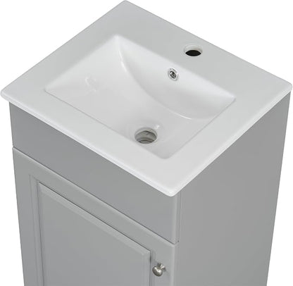 Christopher Knight Home Doreen 18" Bathroom Vanity with Ceramic Sink, Bathroom Vanity Cabinet with Door Organizer, Wooden Bathroom Storage Cabinet with Adjustable Shelf,Pedestal Sink with Storage,Grey