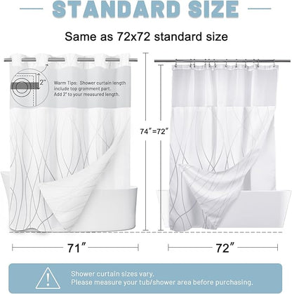 No Hook Ombre Grey White Striped Shower Curtain with Snap in Liner Set - Hotel Shower Curtain and Liner Set with See Through Mesh Top Window,Machine Washable, 71x74 INCH