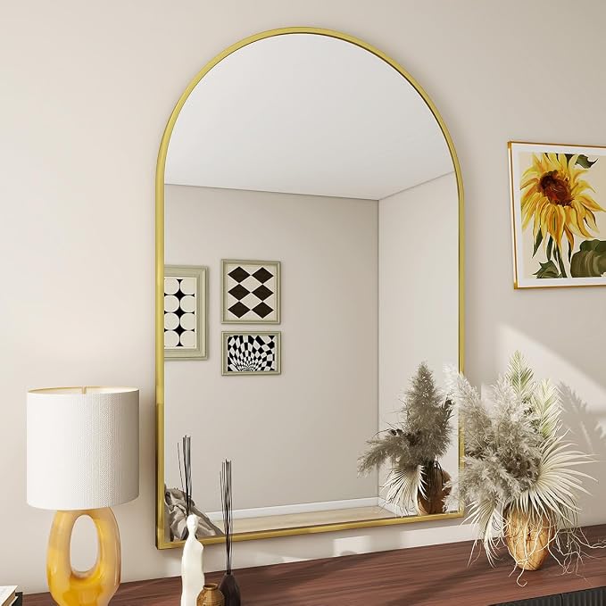 BEAUTYPEAK 24"x36" Arch Bathroom Wall Mirror, Gold | Wall Mounted Vanity Metal Frame Mirror for Bedroom, Entryway, Living Room, Fireplace