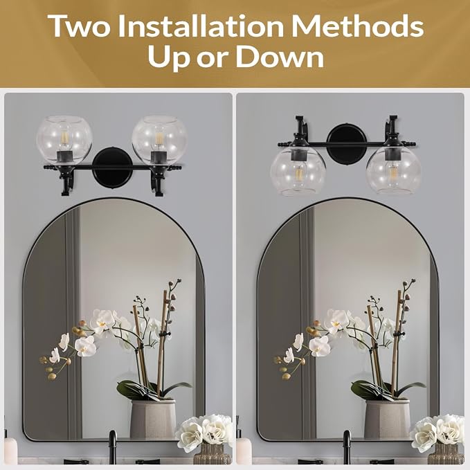2 Light Bathroom Vanity Light, Matte Black Bathroom Light Fixtures, Modern Wall Sconce with Clear Globe Glass Shade, Farmhouse Wall Lamp for Bathroom, Living Room, Hallway, Cabinet, Porch