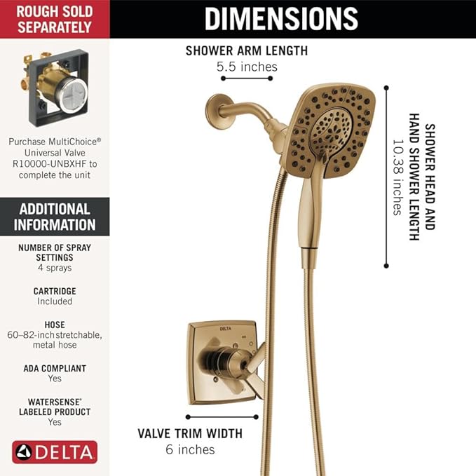 Delta Ashlyn 17 Series Dual-Function Shower Faucet Set with In2ition 2-in-1 Dual Shower Head with Handheld Spray, Gold 2-Handle Valve Trim Kit, Champagne Bronze T17264-I-CZ (Valve Not Included)