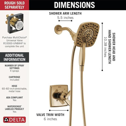 Delta Ashlyn 17 Series Dual-Function Shower Faucet Set with In2ition 2-in-1 Dual Shower Head with Handheld Spray, Gold 2-Handle Valve Trim Kit, Champagne Bronze T17264-I-CZ (Valve Not Included)