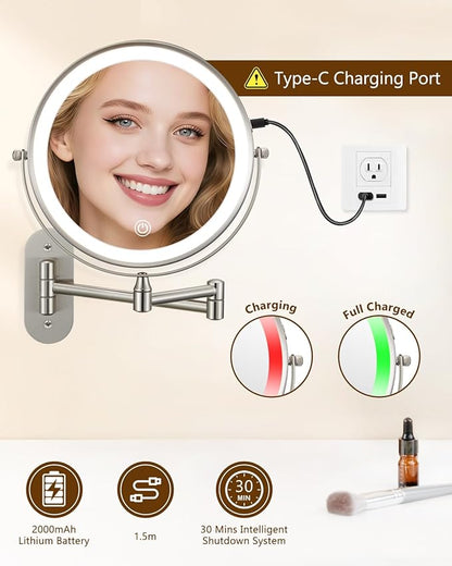 DECLUTTR 9" Wall Mounted Lighted Makeup Mirror, Rechargeable 1X/20X Magnifying Mirror with Light Double Sided, Touch Dimmable 3 Color Light, 360 Rotation Vanity Mirror