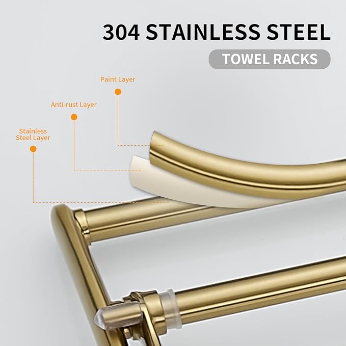 Towel Racks with Foldable Towel Bar Hooks, Wall Mounted Brushed Gold | 24 Inch Bathroom Towel Shelf Holder, Multifunctional Storage Bathroom Accessories, Double Towel Bars, Rust-resistant Metal