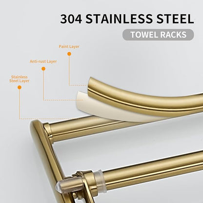 Towel Racks with Foldable Towel Bar Hooks, Wall Mounted Brushed Gold | 24 Inch Bathroom Towel Shelf Holder, Multifunctional Storage Bathroom Accessories, Double Towel Bars, Rust-resistant Metal