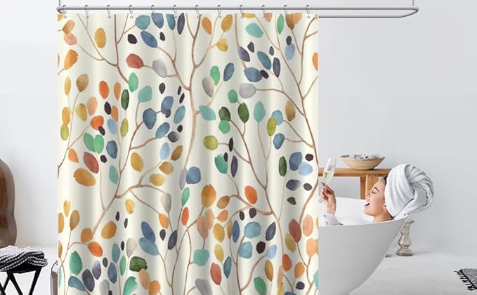 Amaredom Floral Shower Curtain for Bathroom, Colorful Leaves Curtain Bathroom Decoration, Shower Curtain Set with Curtain Hooks