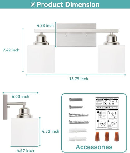Sailstar Bathroom Light Fixtures 2-Light, Brushed Nickel Vanity Lights Fixtures, Modern Bathroom Vanity Light Over Mirror, Milky White Glass Shade & Anti-Rust Nickel Finished, Small Bathroom Light