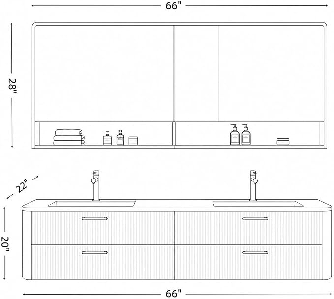 66 in Double Bathroom Vanity with Sinks - Modern Floating Bathroom Vanity with Solid Wood Cabinet, Anti-Fog Mirror and Integrated Stone Sinks | Wall Mounted Design | Ample Storage