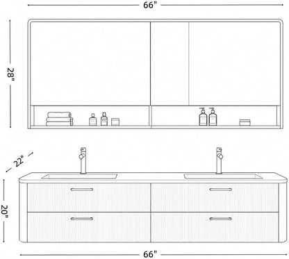 66 in Double Bathroom Vanity with Sinks - Modern Floating Bathroom Vanity with Solid Wood Cabinet, Anti-Fog Mirror and Integrated Stone Sinks | Wall Mounted Design | Ample Storage