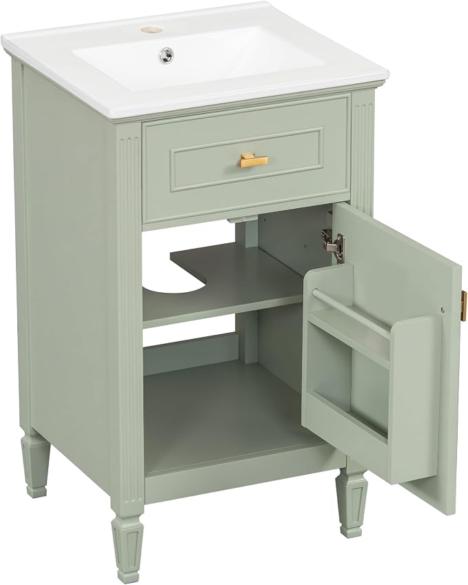 GDFStudio Hawthorne 20" Modern Bathroom Vanity with Sink, Freestanding Bathroom Vanity Organizer with Tilt Out Drawer, Adjustable Shelf and Solid Wood Legs, Single Sink Bathroom Vanity, Green