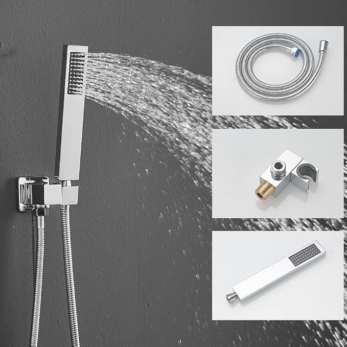 Chrome Shower System with Tub Spout Wall Mounted Tub Shower Faucet Set for Bathroom with High Pressure 10" Rain Shower head and Handheld Shower Head Kit