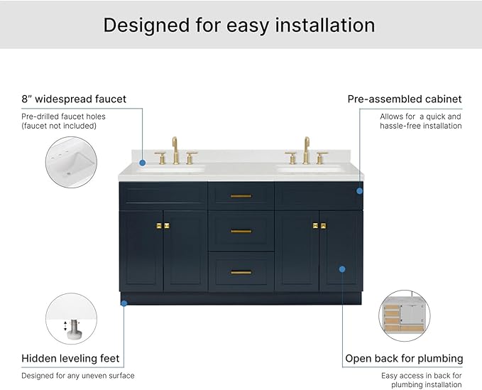 ARIEL Hamlet 66-inch Bathroom Vanity with Sink,Solid Wood, 1.5-inch Carrara White Quartz Countertop, Double Rectangular Porcelain Sink, 4 Soft Closing Doors, 3 Dovetail Drawers, Midnight Blue