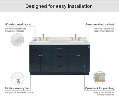 ARIEL Hamlet 66-inch Bathroom Vanity with Sink,Solid Wood, 1.5-inch Carrara White Quartz Countertop, Double Rectangular Porcelain Sink, 4 Soft Closing Doors, 3 Dovetail Drawers, Midnight Blue
