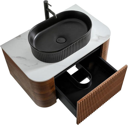 30" Preassembled Floating Bathroom Vanity with Black Sink, Walnut | Mid-Century Modern Style, Fluted & Soft-Close Drawer with U-shaped Wall, Sinterted Stone Countertop, Towel Rack Included