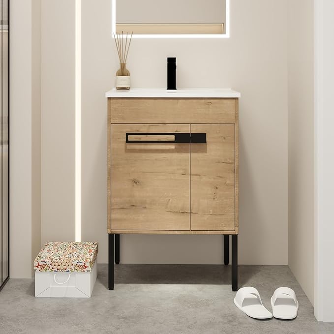 SSLine 2-in-1 Wall Mounted & Free Standing Bathroom Vanity with Sink Modern 24" Bathroom Vanity with Top Basin&Storage Cabinet Brown Oak Wood Bath Vanity w/Ceramic Sink for Small Space-Legs Removable