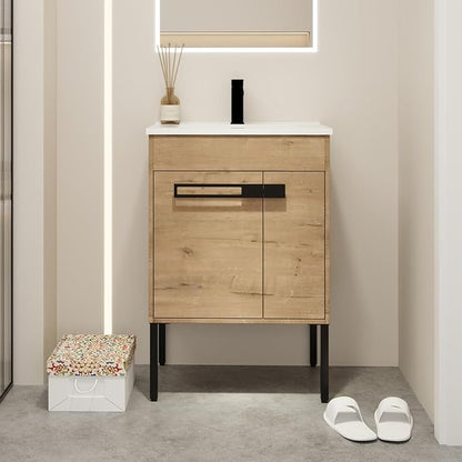 SSLine 2-in-1 Wall Mounted & Free Standing Bathroom Vanity with Sink Modern 24" Bathroom Vanity with Top Basin&Storage Cabinet Brown Oak Wood Bath Vanity w/Ceramic Sink for Small Space-Legs Removable