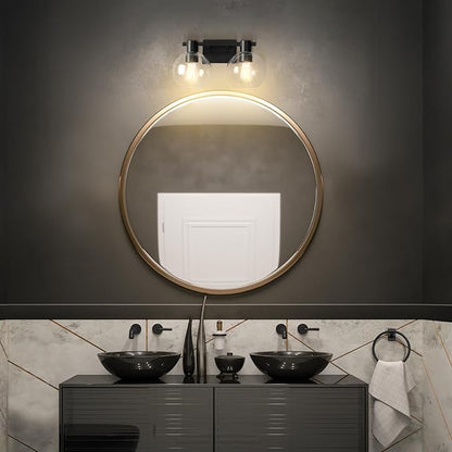 GLOBE Electric 63000057 3-Piece All-in-One Bathroom Set, Matte Black, 15" 2-Light Vanity Light, Clear Glass Shades, Toilet Paper Holder, Towel Ring, Bathroom Lights Over Mirror, Powder Room Lighting