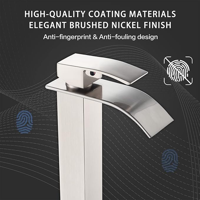 VOTON Vessel Sink Faucet Brushed Nickel Modern Tall Waterfall Bathroom Sink Faucet with Pop-Up Drain Single Handle Bathroom Faucet 1 Hole Bowl Lavatory Vanity Faucet, Rv Sink Camper Farmhouse Faucet