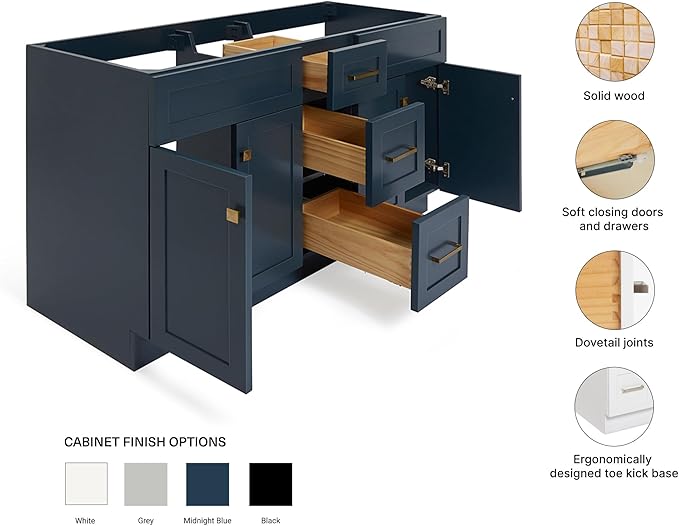 ARIEL Hamlet 60-inch Bathroom Vanity Base Cabinet,Solid Wood, 4 Soft Closing Doors, 3 Dovetail Drawers, Satin Brass, Midnight Blue