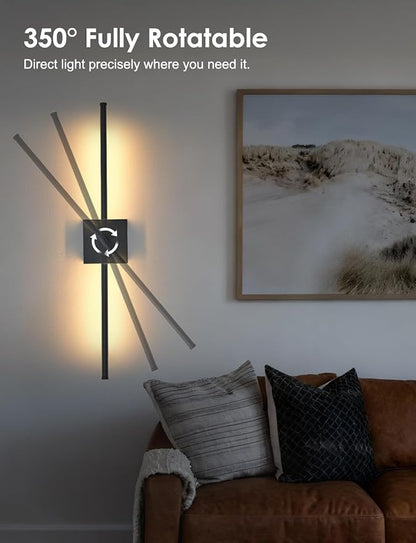 27.8 Inch Hardwired Wall Sconces Set of Two, 3000K Warm White Dimmable Modern Wall Sconces, 350° Rotate LED Light Fixtures Wall Lamp for Bathroom Living Room Bedroom Bedside, Black