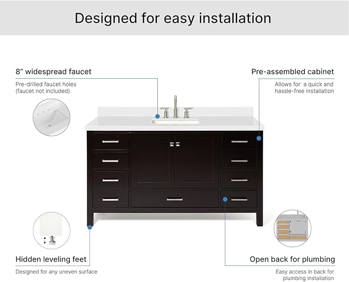 ARIEL Cambridge 60-inch Bathroom Vanity with Sink,Solid Wood, 1.5-inch Pure White Quartz Countertop, Single Rectangular Porcelain Sink, 2 Soft Closing Doors, 9 Dovetail Drawers, Espresso