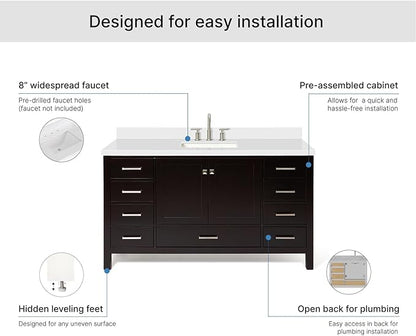 ARIEL Cambridge 60-inch Bathroom Vanity with Sink,Solid Wood, 1.5-inch Pure White Quartz Countertop, Single Rectangular Porcelain Sink, 2 Soft Closing Doors, 9 Dovetail Drawers, Espresso