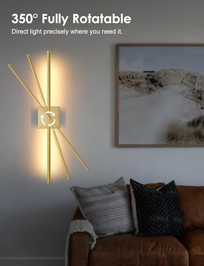 27.8 Inch Hardwired Wall Sconces Set of Two, 3000K Warm White Dimmable Modern Wall Sconces, 350° Rotate LED Light Fixtures Wall Lamp for Bathroom Living Room Bedroom Bedside, Brushed Brass