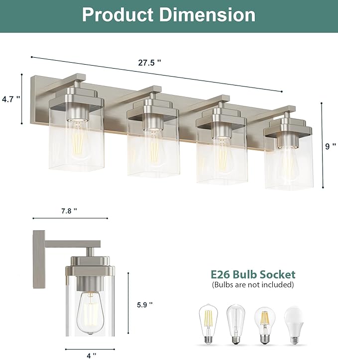 Brushed Nickel Bathroom Light Fixtures, 4 Lights Bathroom Lighting Fixtures Over Mirror, Square Design & Rectangle Large Backplate, Modern Vanity Lighting Fixtures, for Living Room/Bedroom