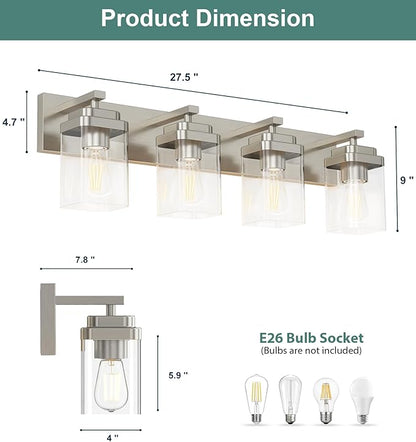 Brushed Nickel Bathroom Light Fixtures, 4 Lights Bathroom Lighting Fixtures Over Mirror, Square Design & Rectangle Large Backplate, Modern Vanity Lighting Fixtures, for Living Room/Bedroom