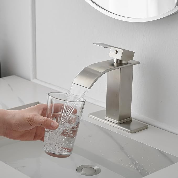 Bathroom Sink Faucet Single Handle Waterfall Bathroom Faucets | 304 Stainless Steel,Lavatory Commercial Vanity Faucets with Sink Drain Assembly and Basin Plate Deck Mount,Brushed Nickel
