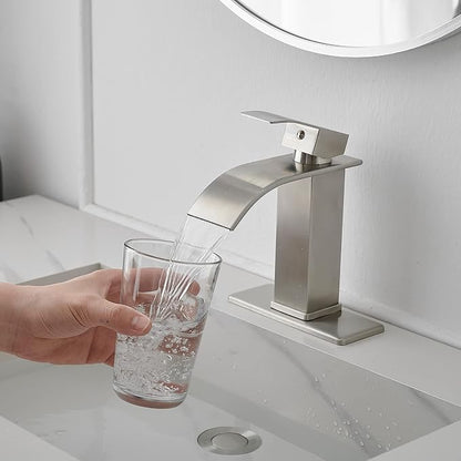 Bathroom Sink Faucet Single Handle Waterfall Bathroom Faucets | 304 Stainless Steel,Lavatory Commercial Vanity Faucets with Sink Drain Assembly and Basin Plate Deck Mount,Brushed Nickel
