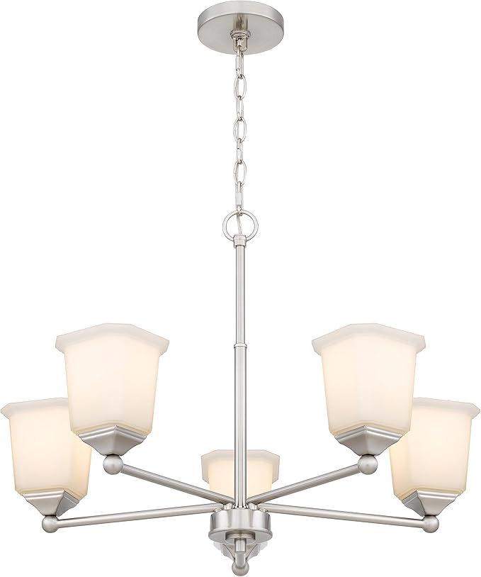 Nox 5-Light Chandelier Pendant Ceiling Light Brushed Nickle White Glass Shade Adjustable Height for Hallway, Entryway, Passway, Dining, Bedroom, Kitchen, Balcony Living Room