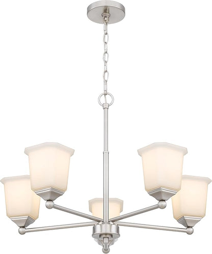 Nox 5-Light Chandelier Pendant Ceiling Light Brushed Nickle White Glass Shade Adjustable Height for Hallway, Entryway, Passway, Dining, Bedroom, Kitchen, Balcony Living Room