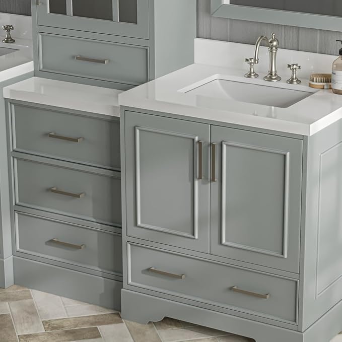 ARIEL Stafford 84-inch Bathroom Vanity with Sink,Solid Wood, 1.5-inch Pure White Quartz Countertop & Backsplash, Double Rectangular Porcelain Sink, 5 Soft Closing Doors, 6 Dovetail Drawers, Grey