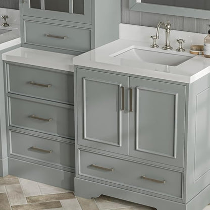 ARIEL Stafford 84-inch Bathroom Vanity with Sink,Solid Wood, 1.5-inch Pure White Quartz Countertop & Backsplash, Double Rectangular Porcelain Sink, 5 Soft Closing Doors, 6 Dovetail Drawers, Grey