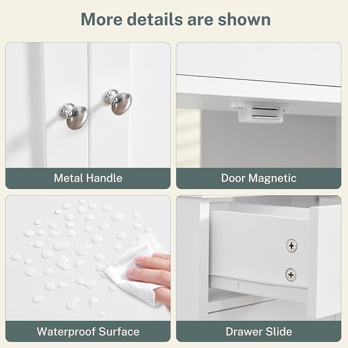 Pedestal Sink Storage Cabinet with 2 Doors and Drawer, Bathroom Sink Cabinet, Under Sink Storage with U-Shape Cut-Out, White