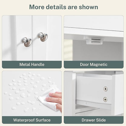 Pedestal Sink Storage Cabinet with 2 Doors and Drawer, Bathroom Sink Cabinet, Under Sink Storage with U-Shape Cut-Out, White