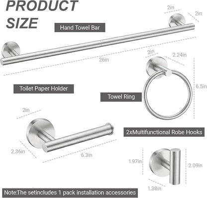 Brushed Nickel 5-Piece Bathroom Hardware Set,Bathroom Accessories Set | SUS304 Stainless Steel, 24 inch Towel Bar, Towel Racks for Bathroom, Toilet Paper Holder Wall Mounted, Robe Towel Hooks