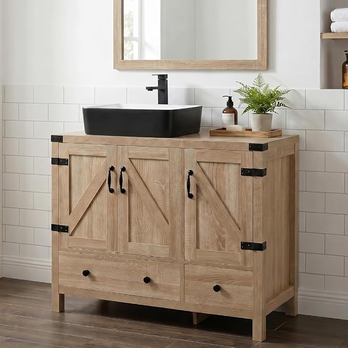 36" Natural Color Bathroom Vanity, Rustic Fixture Standing Pedestal Cabinet with Black and White Ceramic Sink