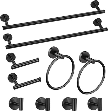 Cilee 10 Piece Matte Black Bathroom Accessories Set, 24 inch Towel Bar Set | Black Towel Bar Ring + Toilet Paper Holder + Robe Towel Hook, Stainless Steel Bathroon Hardware Set