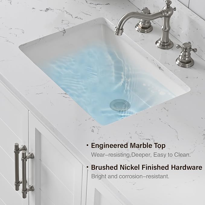 Vanity Art 60 Inch Bathroom Vanity with Single Sink, White | Solid Wood, Ceramic Sink, Marble Top, Waterproof Backsplash, Pre-assembled, Soft-close Doors, Ample Storage, Freestanding