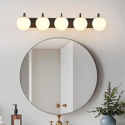 5 Lights Vintage Bathroom Vanity Light Fixtures Over Mirror, Matte Black Vanity Lights For Bathroom With Milk White Glass Globe Shade, Wall Lights For Bedroom, Hallway, Dressing Table(Includ G9 Bulbs)