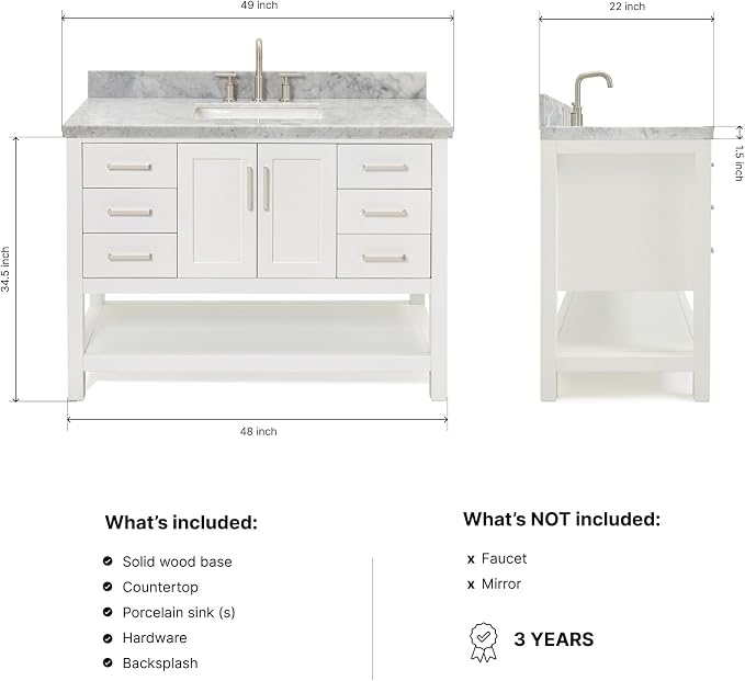 Olivia 48-Inch White Bathroom Vanity with Sink, 1.5" Edge Italian Carrara Marble Countertop & Backsplash, Rectangular Undermount Sink, 2 Soft Closing Doors, 6 Dovetail Drawers, Brushed Nickel